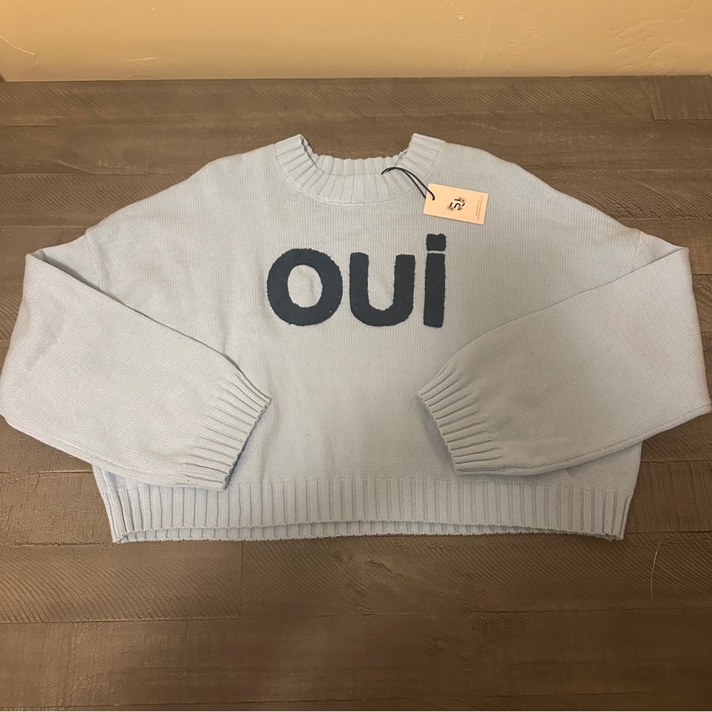 NWT Women’s Medium | Sincerely Jules | Light Blue Oui Cropped Knit Sweater - Picture 2 of 7